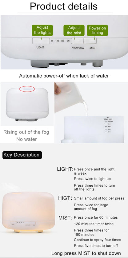 Aroma Diffuser, 500ml Aromatherapy Oil Diffuser with 7-Color Light, Timer-Adjustable Fog Mode Setting