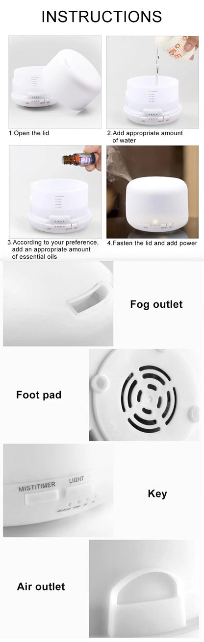 Aroma Diffuser, 500ml Aromatherapy Oil Diffuser with 7-Color Light, Timer-Adjustable Fog Mode Setting